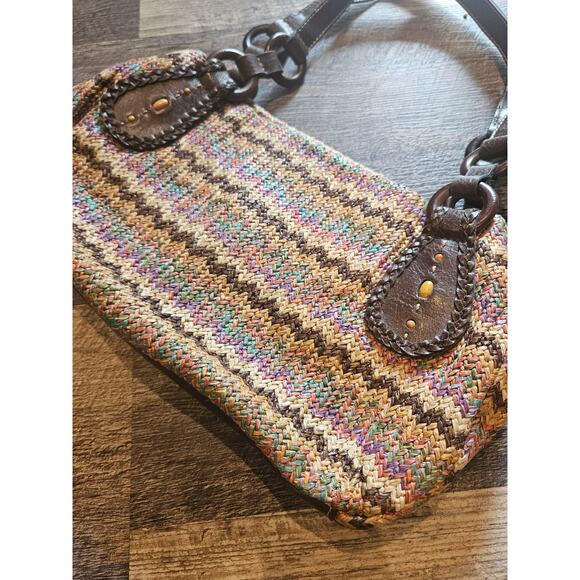 Fossil straw leather handbag purse shoulder bag y2k boho woven - Picture 3 of 10